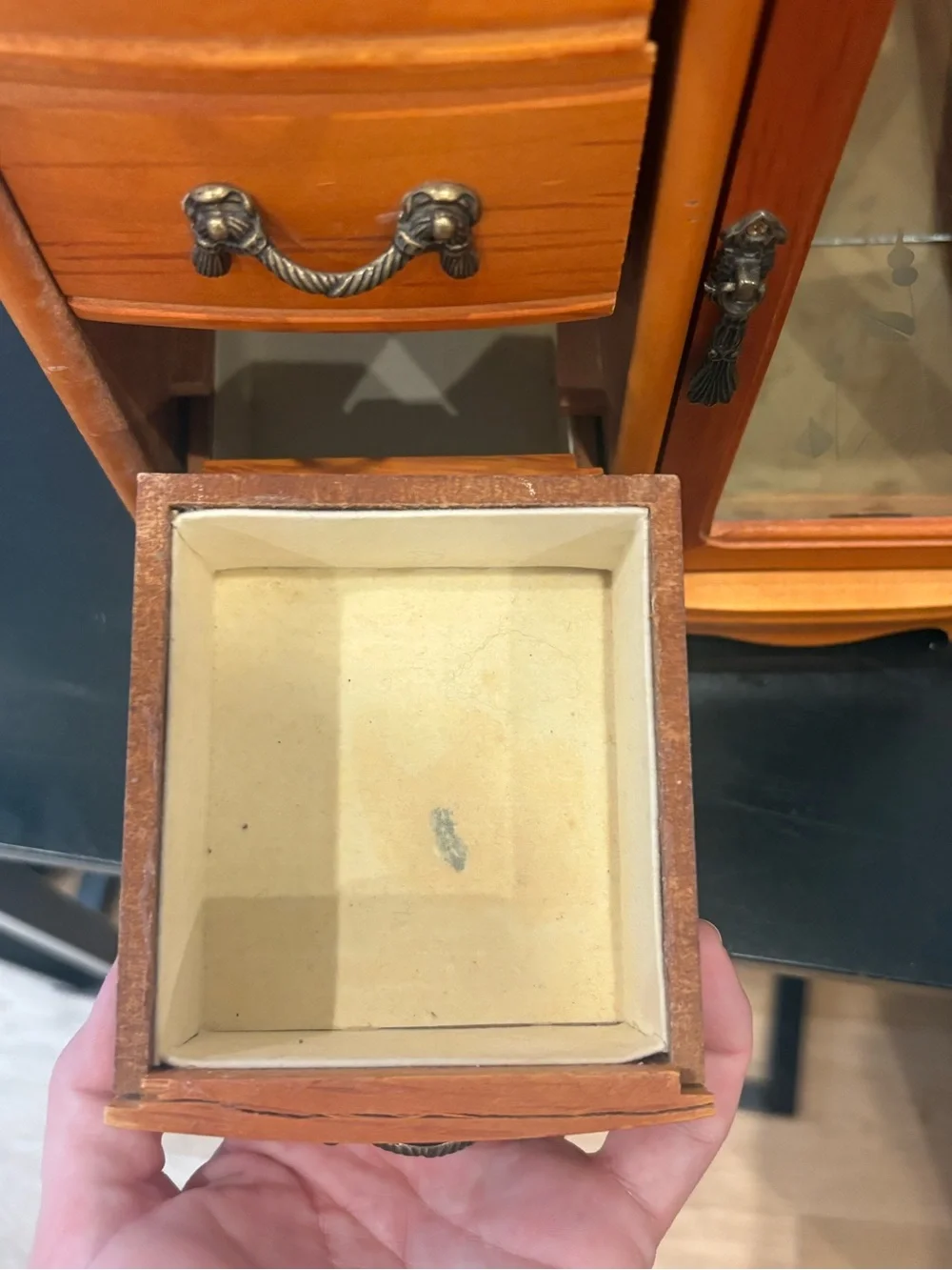 Vintage Wooden Jewelry Box with Glass Door with Four Boxes